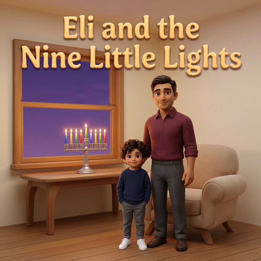 Eli and the Nine Little Lights, a personalized Hanukkah storybook cover showing Eli and his dad by a lit nine-branch menorah