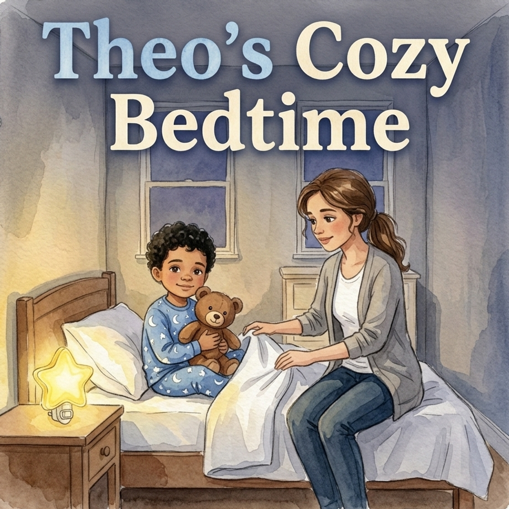 Theo's Cozy Bedtime, a personalized watercolor storybook cover