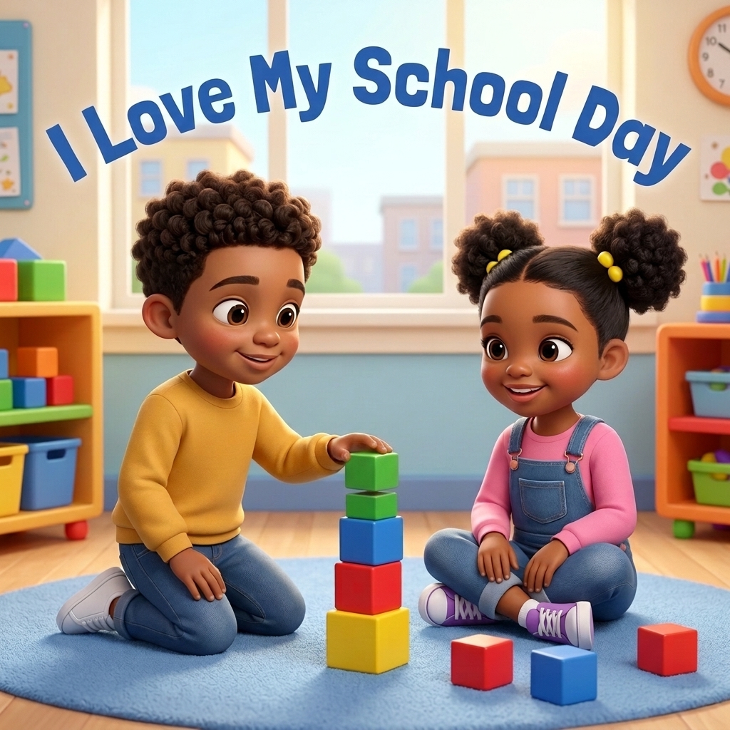 I Love My School Day, a personalized school storybook cover showing two children building a block tower in a classroom