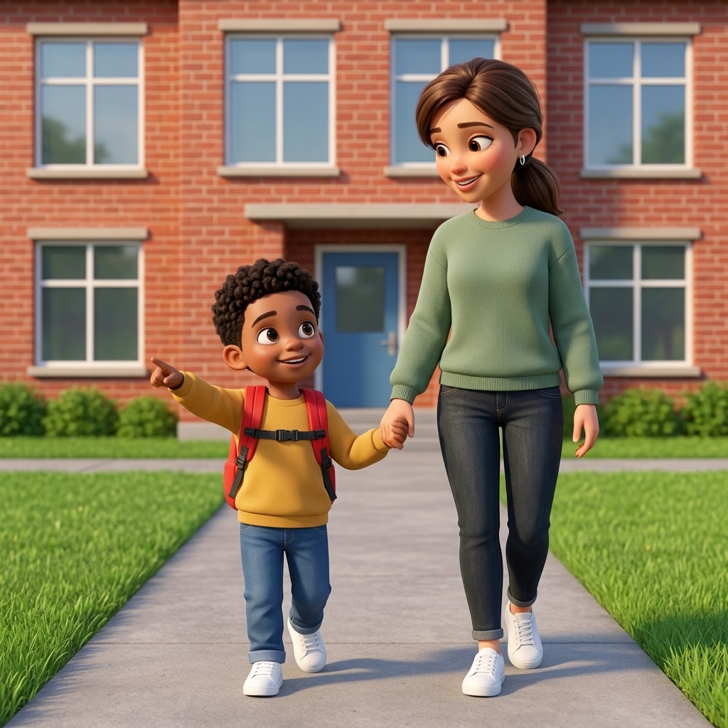 Storybook page: walking to school with Mom