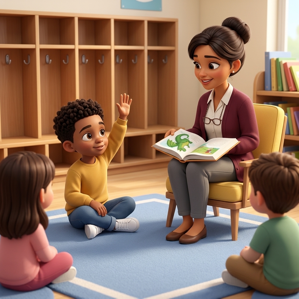 Storybook page: story time on the classroom rug