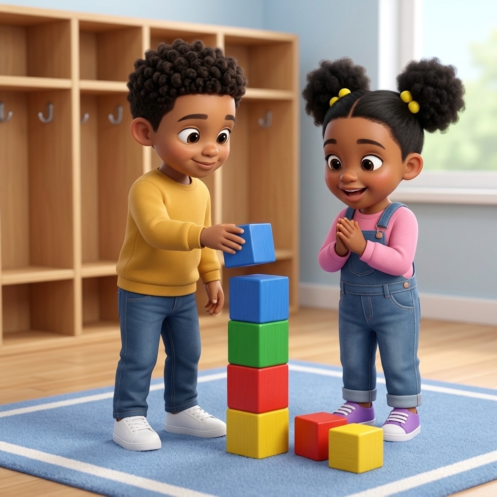 Storybook page: building a block tower with a new friend
