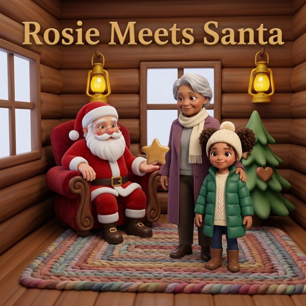 Rosie Meets Santa, a personalized Christmas storybook cover showing Rosie, Grandma and Santa in a log cabin