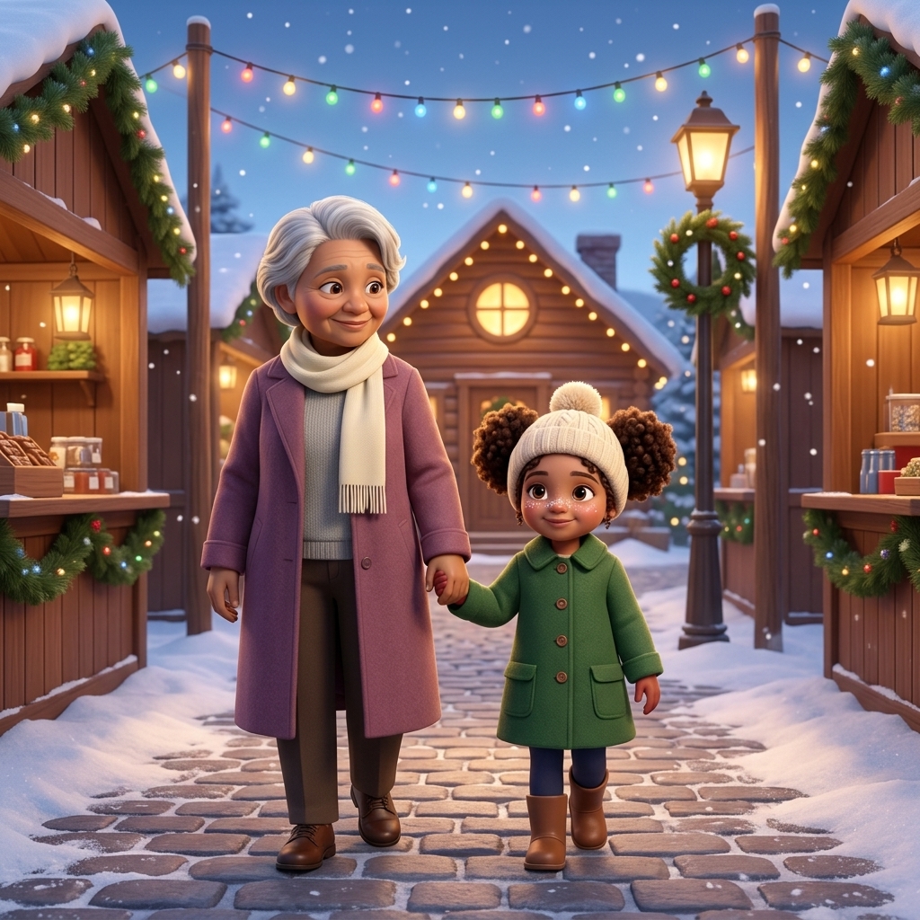 Storybook page: Rosie and Grandma walk through a snowy Christmas market