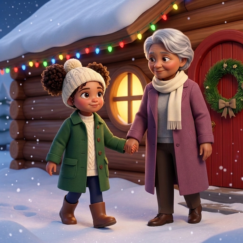 Storybook page: Rosie and Grandma outside a snowy log cabin with Christmas lights
