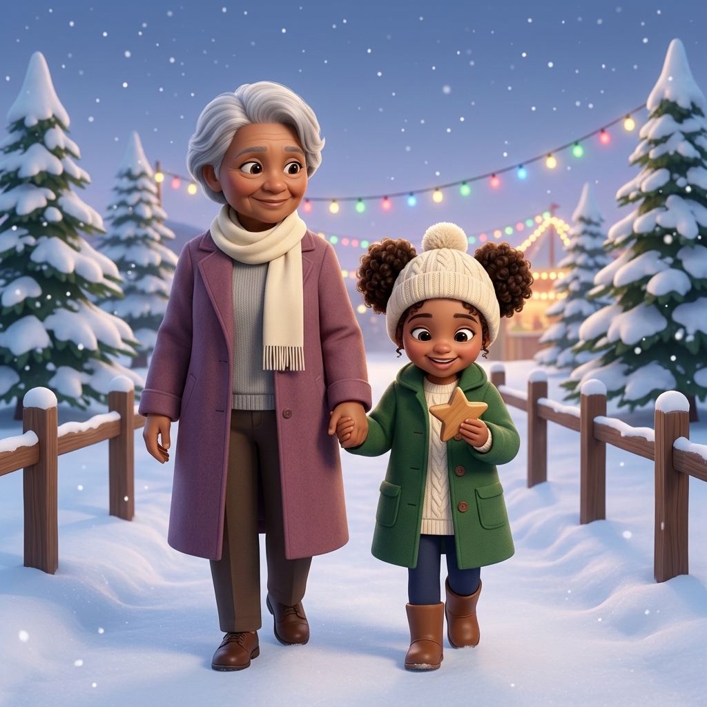Storybook page: Rosie and Grandma walk home through the snow